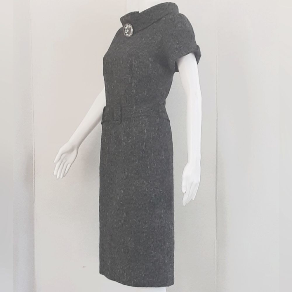 BANANA REPUBLIC Career Gray Tweed Belted Cuff Sleeve Pockets Dress Sz 10 - Picture 2 of 13